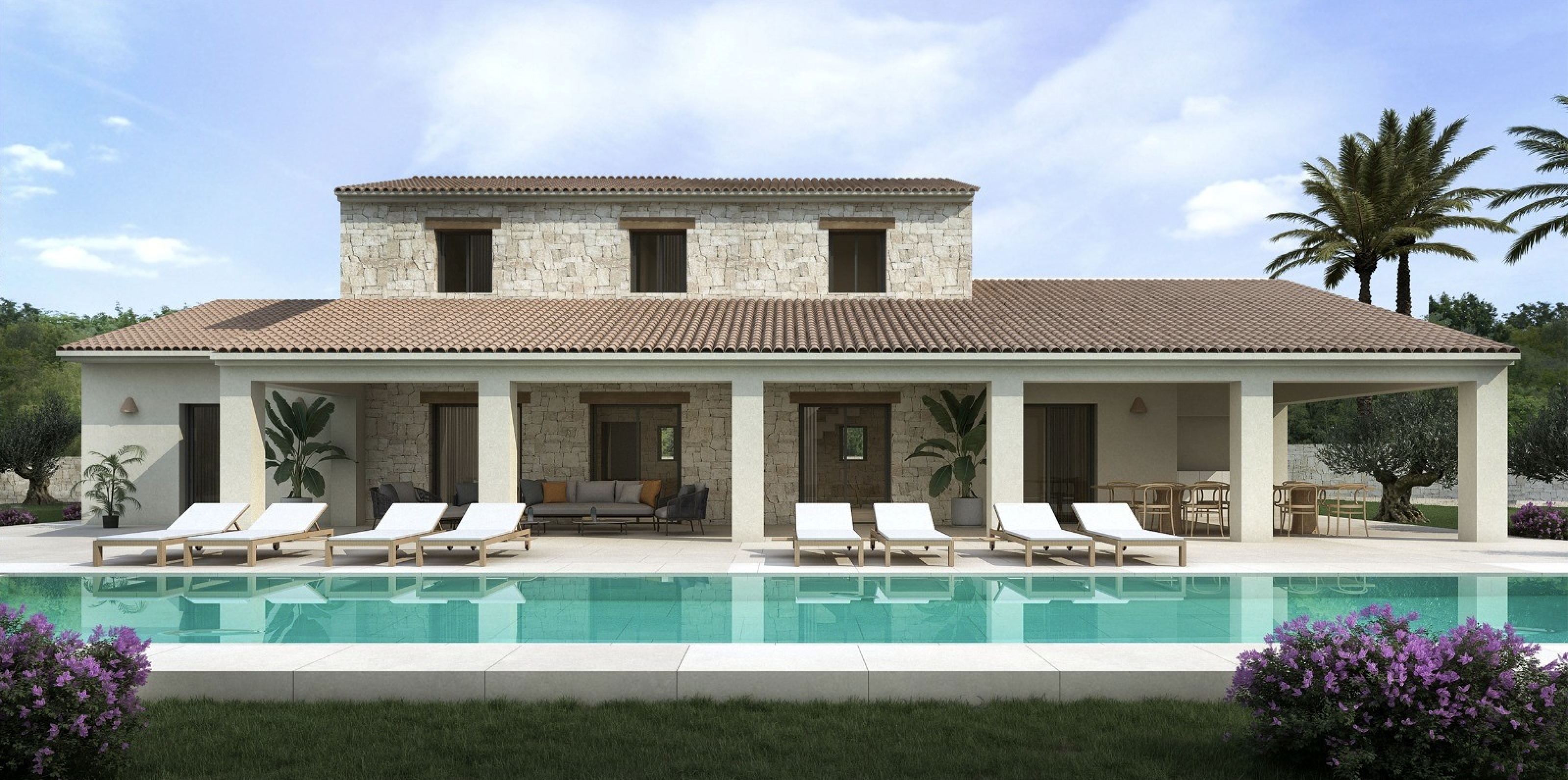 Mediterranean stone facade featuring a spacious covered porch, a rectangular swimming pool, and a sun deck with modern loungers and integrated landscaping.