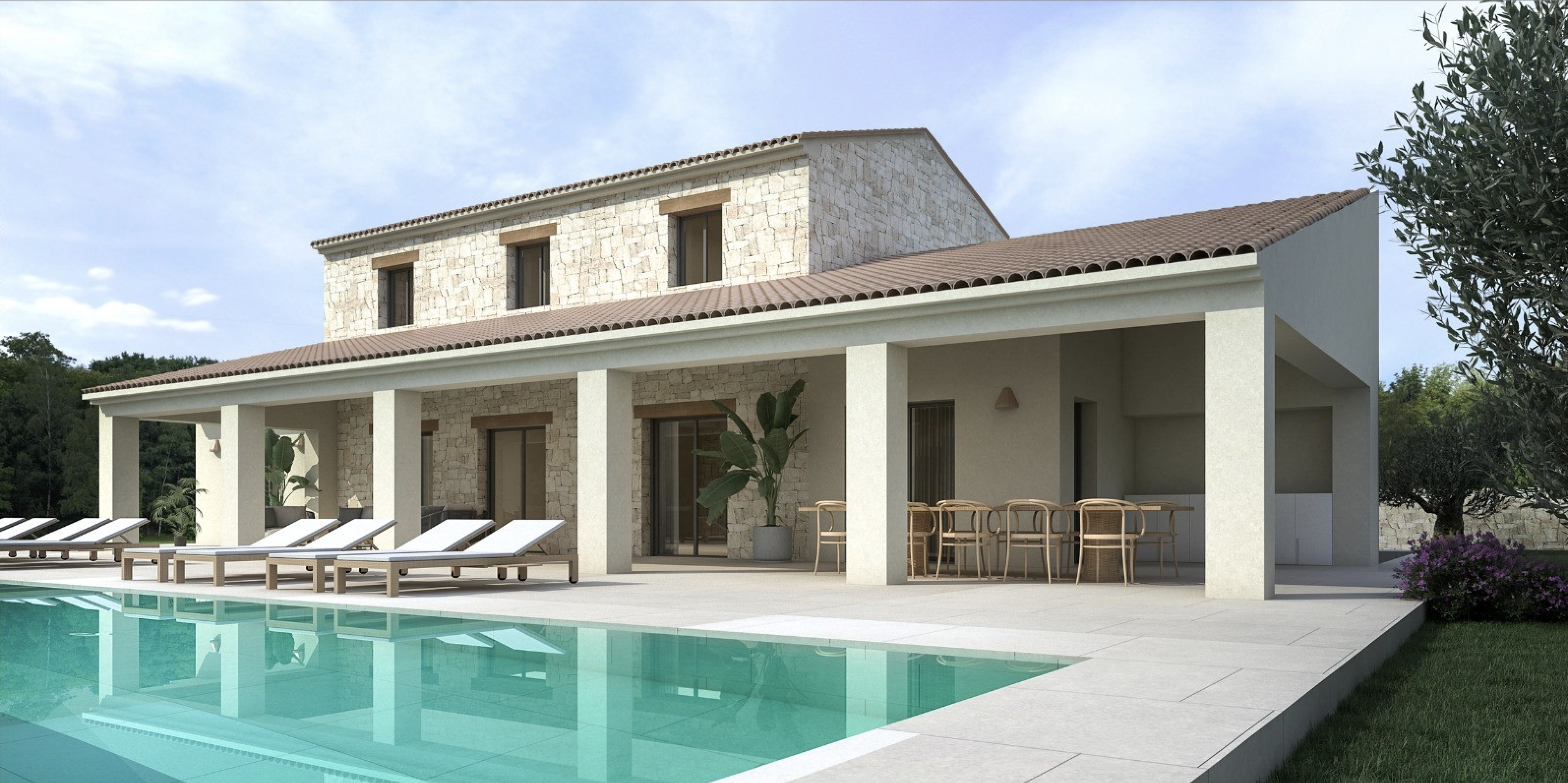 Mediterranean villa exterior featuring a natural stone facade, a spacious covered terrace with outdoor dining, and a pool area with sun loungers and landscaping.