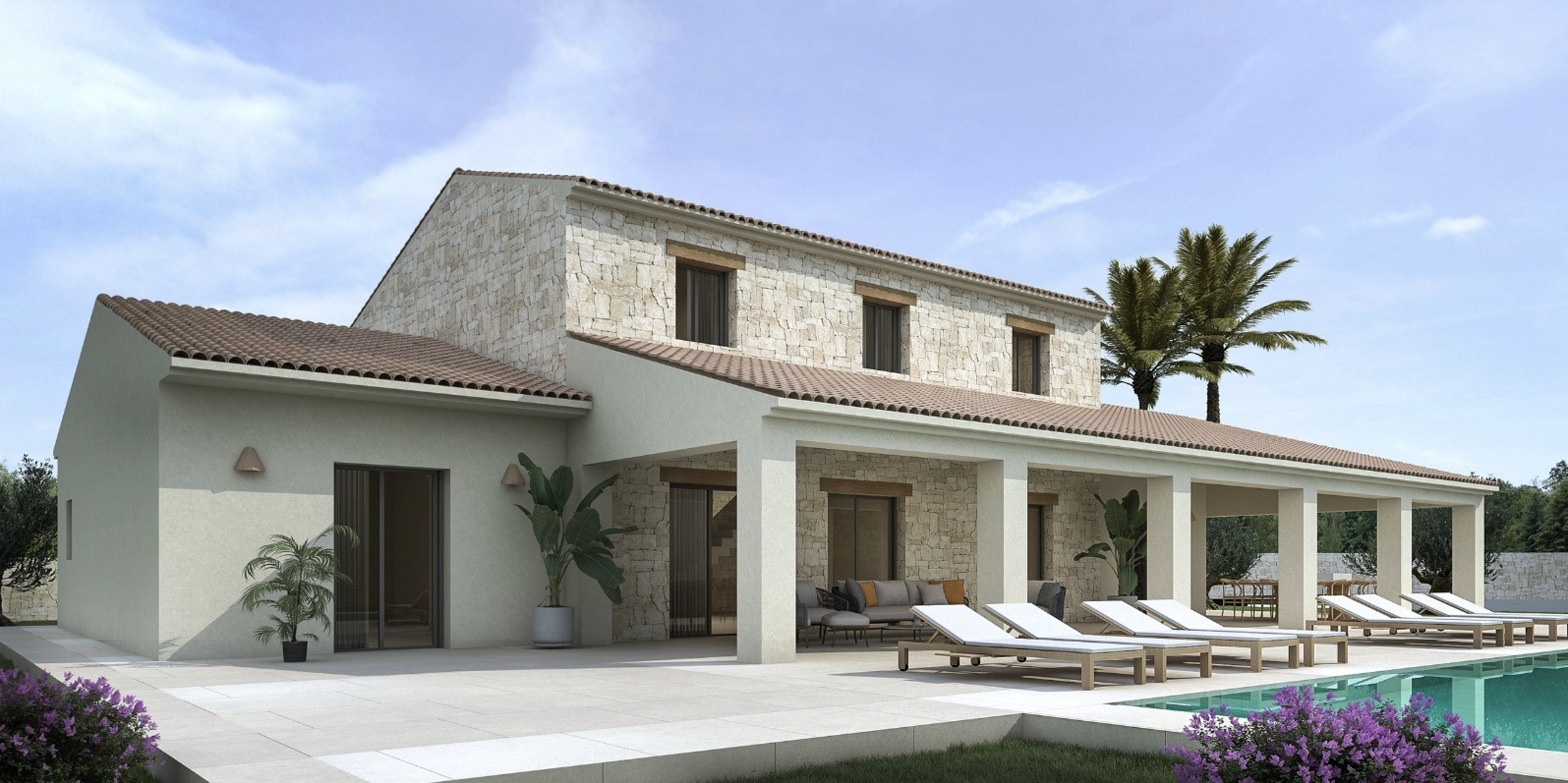 Mediterranean villa featuring a natural stone facade, a large covered porch with lounge seating, and a sun terrace with loungers adjacent to the swimming pool.
