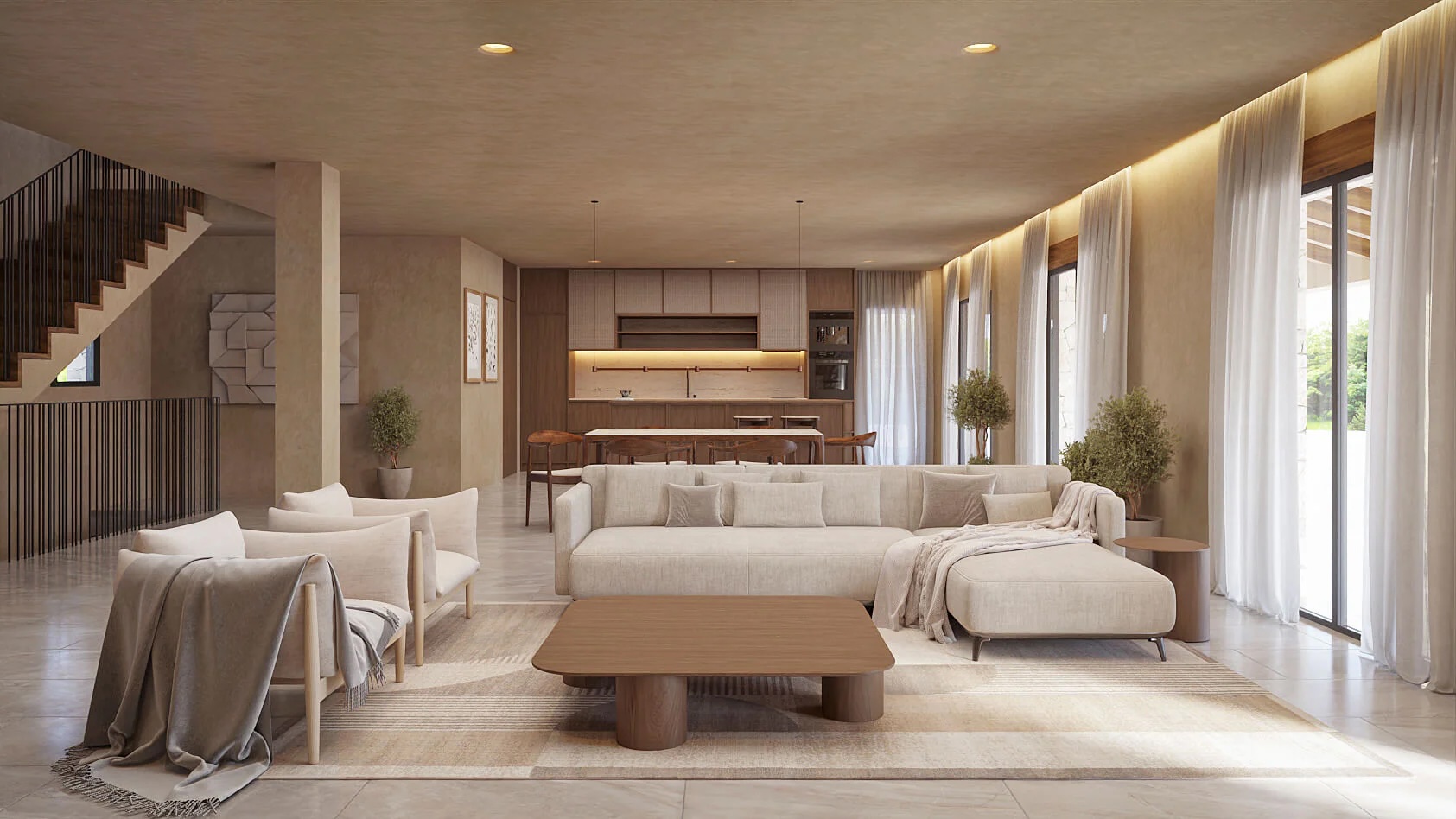 Open-plan living area featuring a neutral sectional sofa, wooden coffee table, and an integrated kitchen with warm cabinetry and recessed lighting.