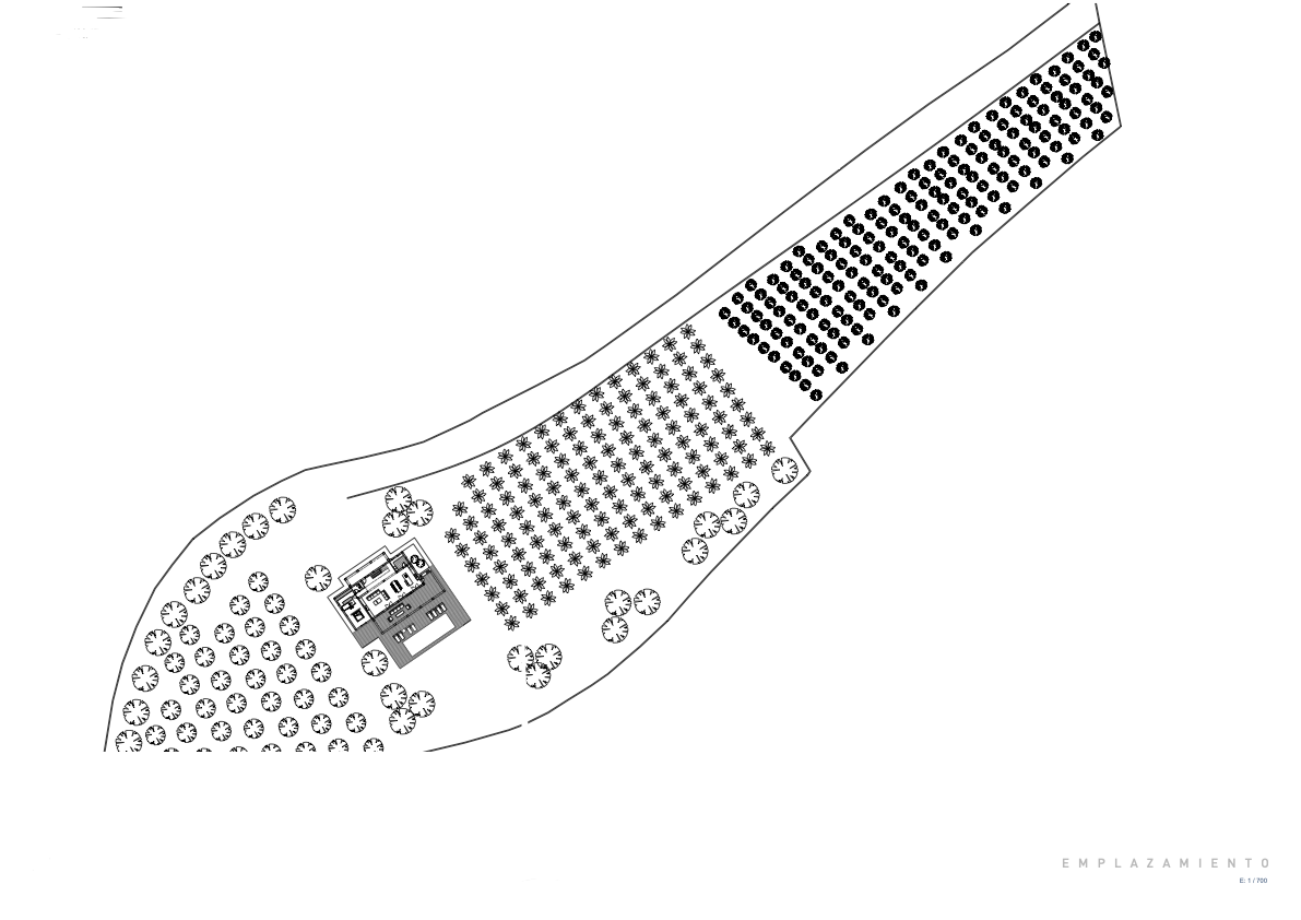 Site plan at 1:700 scale detailing the villa's footprint, private pool, and the expansive plot featuring an organized arrangement of numerous trees.