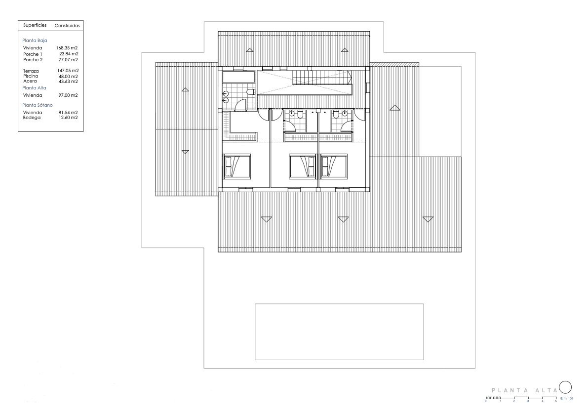 Technical floor plan of the upper level detailing the layout of three bedrooms, three bathrooms, and the central internal staircase.
