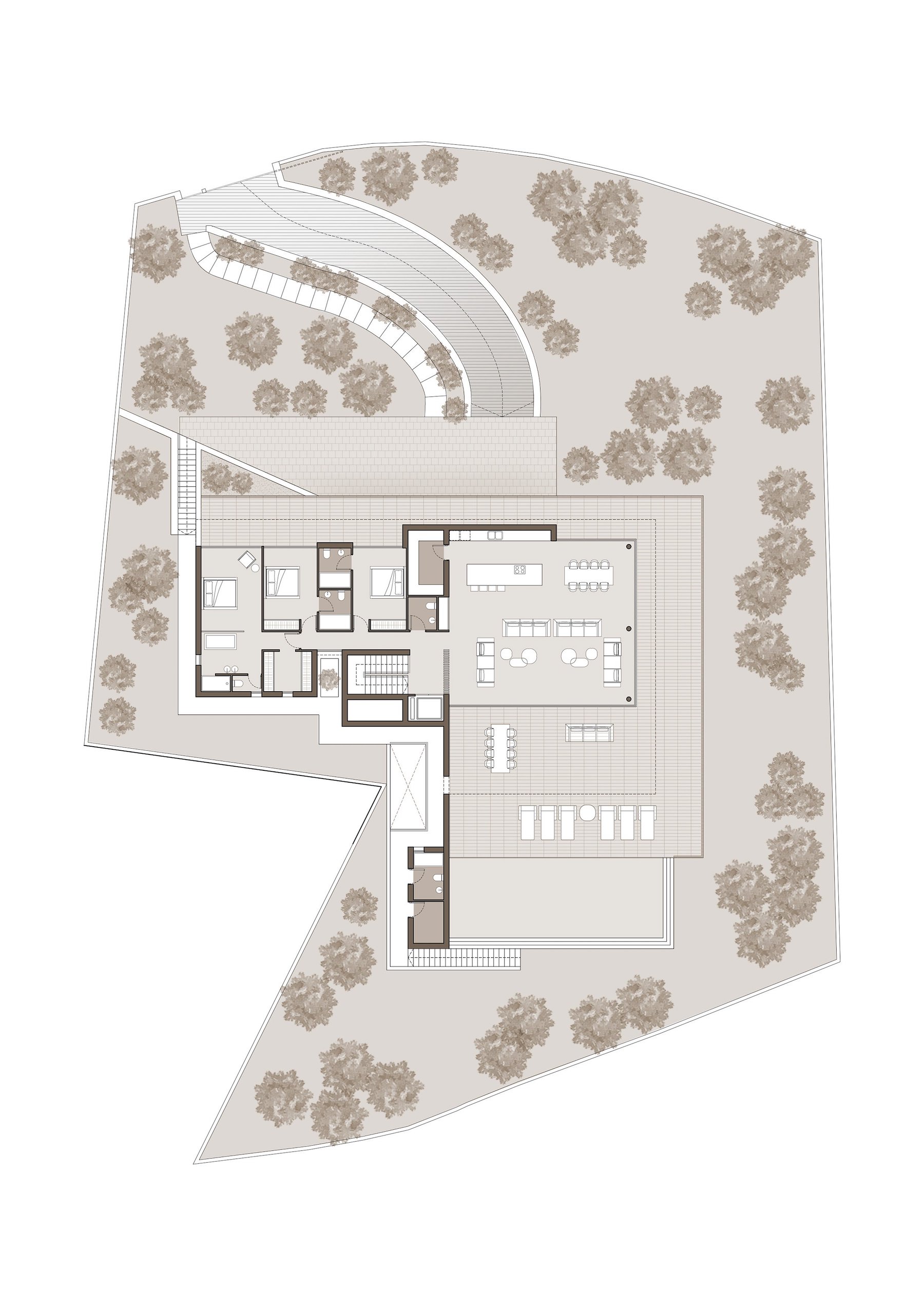 Architectural floor plan of the upper level featuring a 90sqm open-plan living area, en-suite bedrooms, and a large wrap-around terrace with a dedicated pool section.