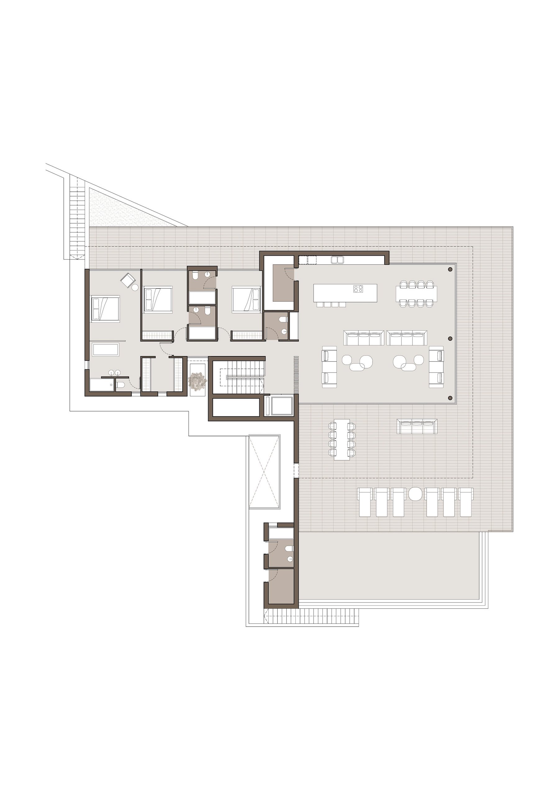 Architectural floor plan of the upper level featuring an open-concept living area, three en-suite bedrooms, and a large wrap-around terrace with outdoor lounge and dining spaces.