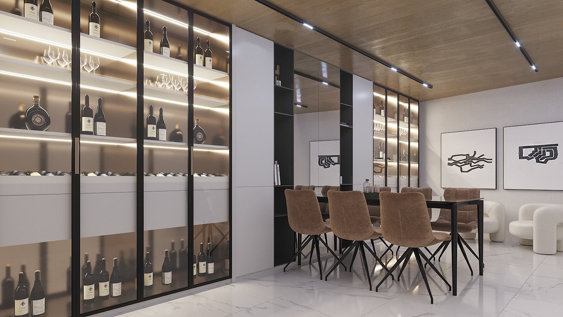 Contemporary wine cellar featuring backlit glass displays, wooden ceilings with track lighting, and a tasting area with designer seating on marble floors.