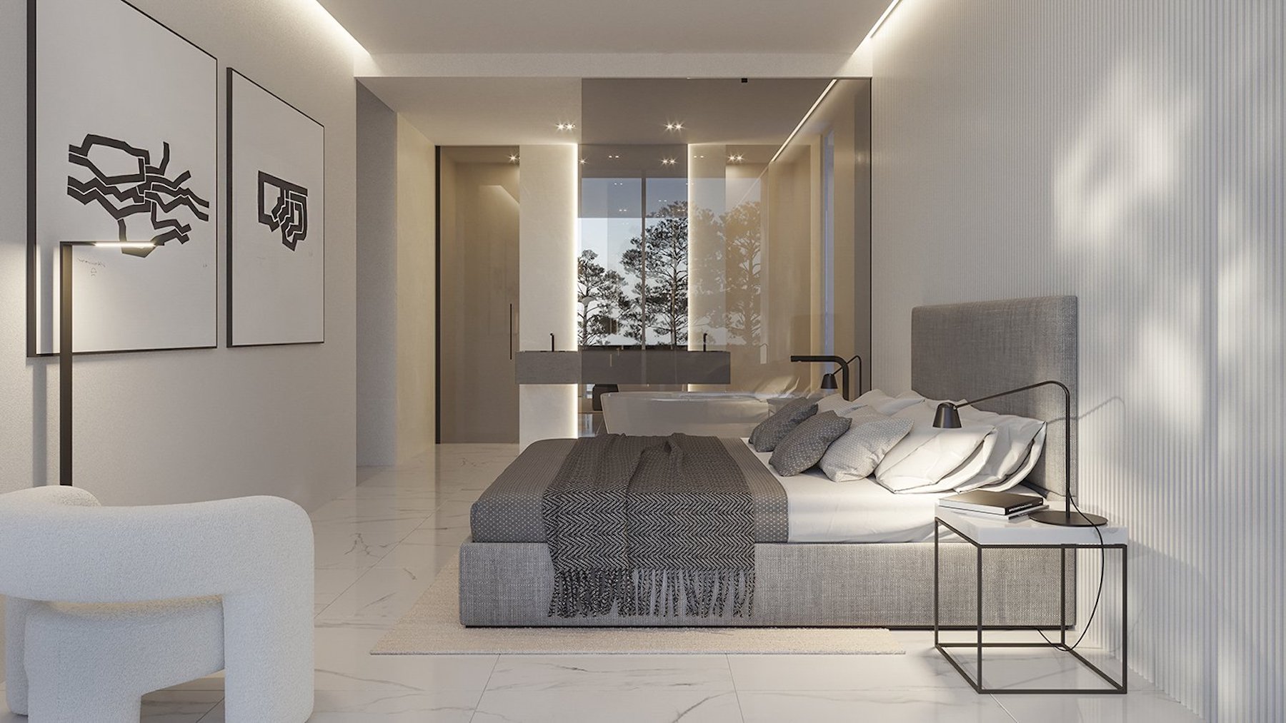 Master bedroom suite with integrated bathroom, white marble flooring, and textured wall panels. Features a freestanding tub and floor-to-ceiling glass partitions.