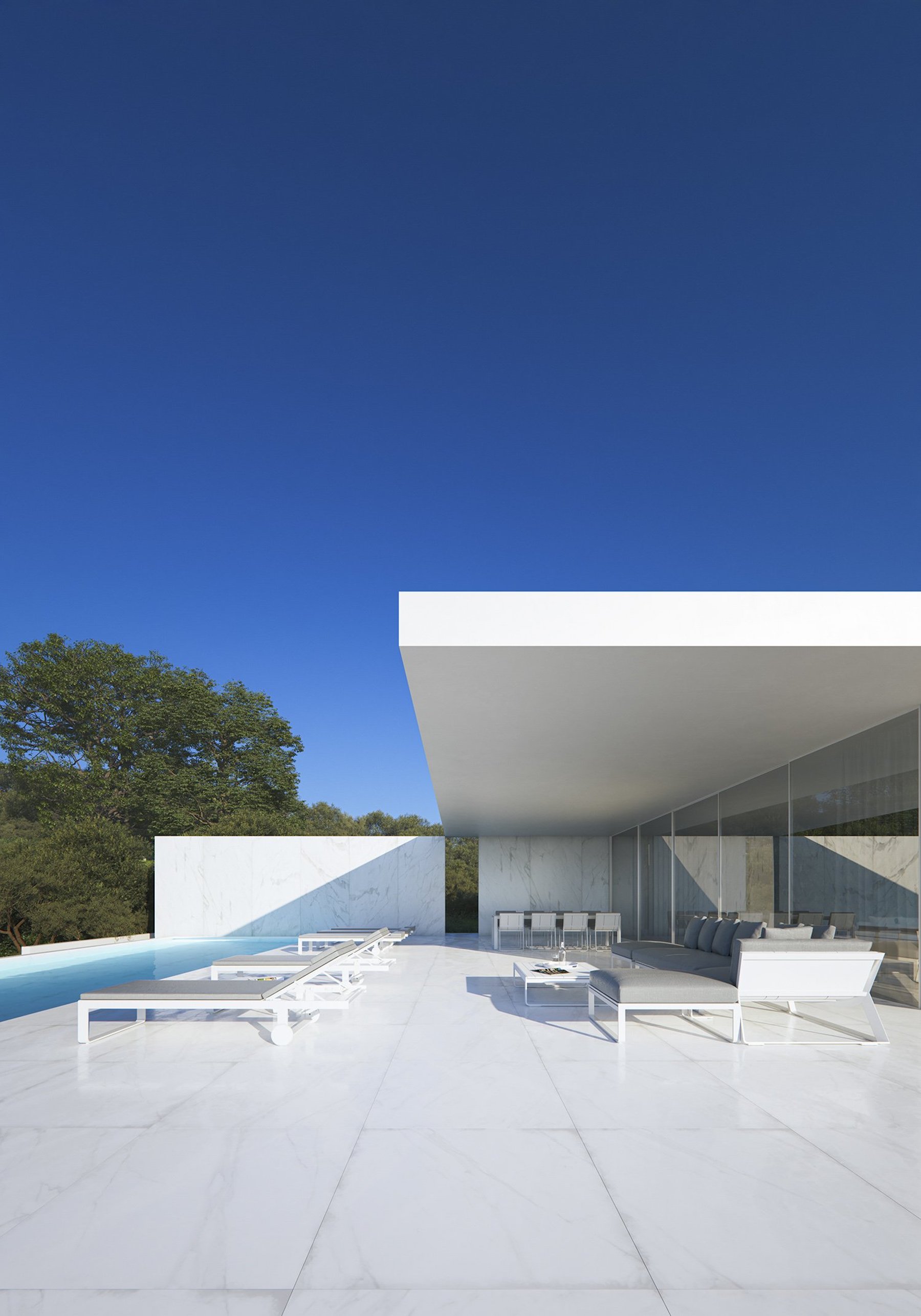 Minimalist terrace featuring white marble flooring, contemporary outdoor lounge furniture, and a pool beneath a sleek cantilevered porch.