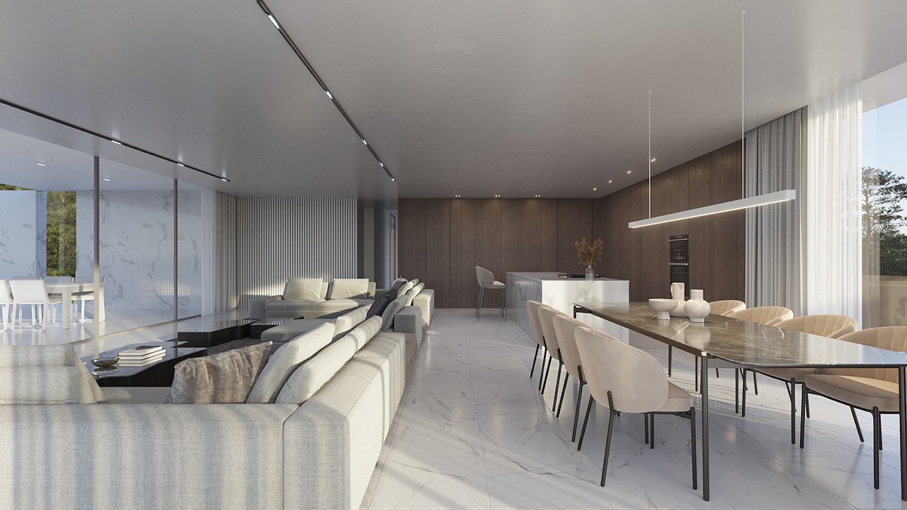 Spacious open-concept living area featuring marble flooring, a stone dining table, and an integrated kitchen with wood paneling and floor-to-ceiling windows.