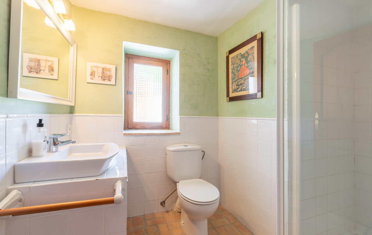 Rustic-style bathroom featuring soft green walls, white tiling, terracotta flooring, and a wooden window providing natural light.