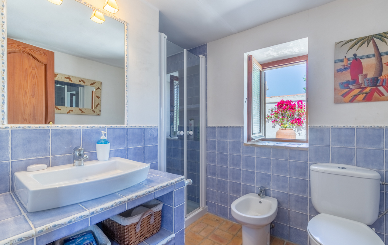 Traditional bathroom with blue wall tiles, terracotta flooring, and a wooden window facing the courtyard. Features include a vessel sink, bidet, and glass shower enclosure.