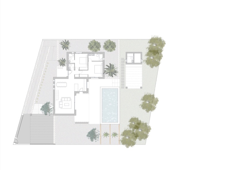 Architectural site plan illustrating the interior layout, swimming pool placement, outdoor terraces, and the integrated Mediterranean garden design.