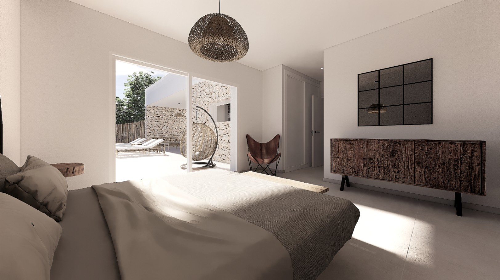 Bedroom featuring direct terrace access, rustic wooden sideboard, butterfly chair, and views of the pool area with natural stone walls.