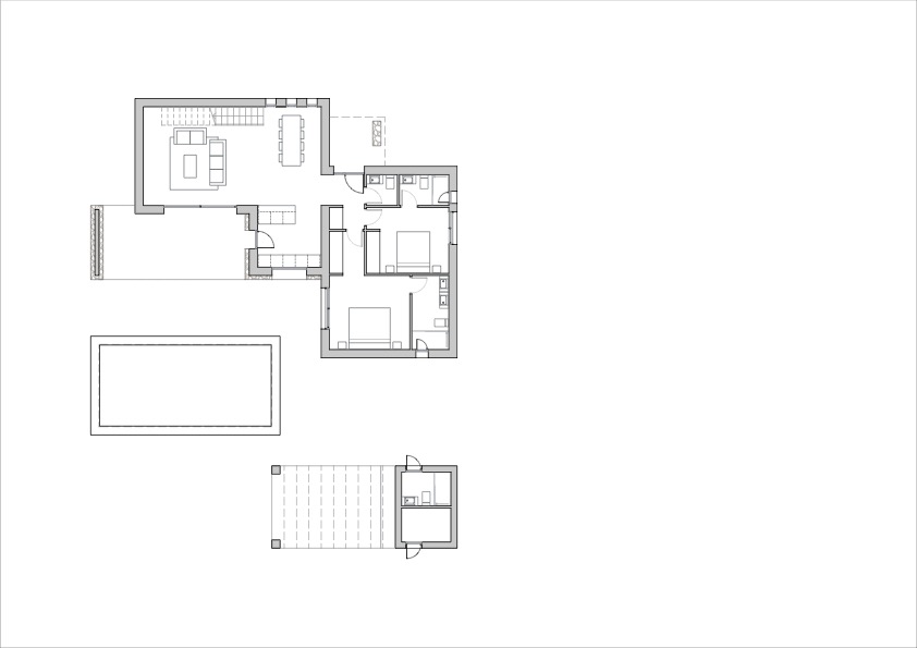 Detailed architectural floor plan illustrating the open-plan living area, en-suite bedrooms, and the expansive outdoor terrace with a rectangular swimming pool.