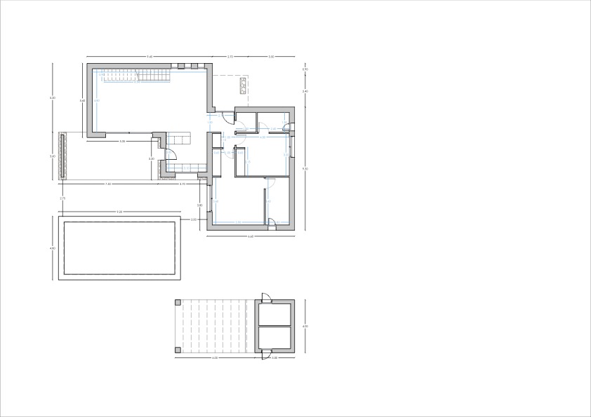 Detailed technical floor plan of the ground floor showing the room layout, swimming pool area, and outdoor pergola with precise measurements.