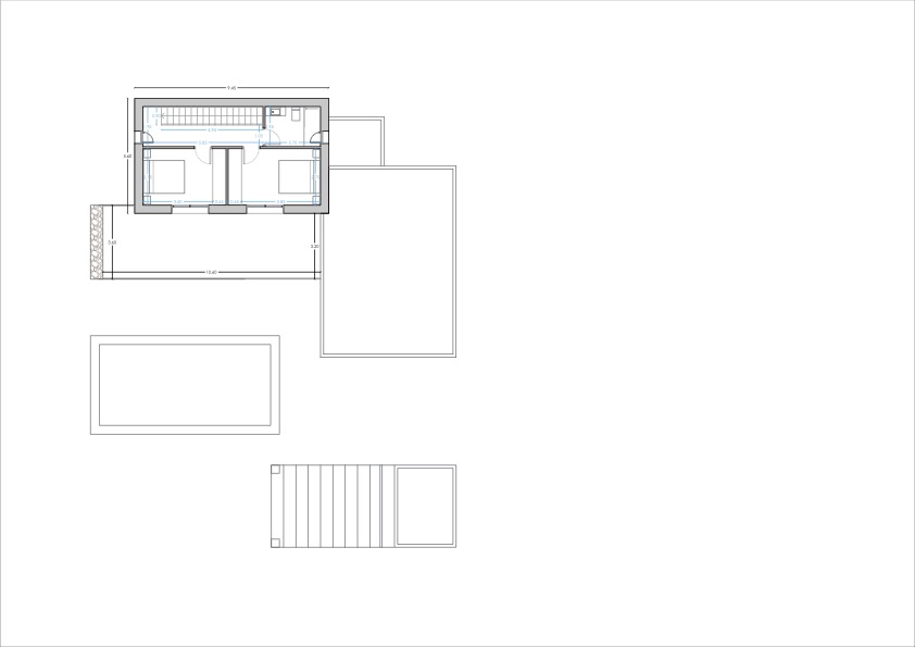 Detailed technical floor plan showing the upper level layout with two bedrooms, a bathroom, internal stairs, and the footprint of the outdoor terraces and pool.