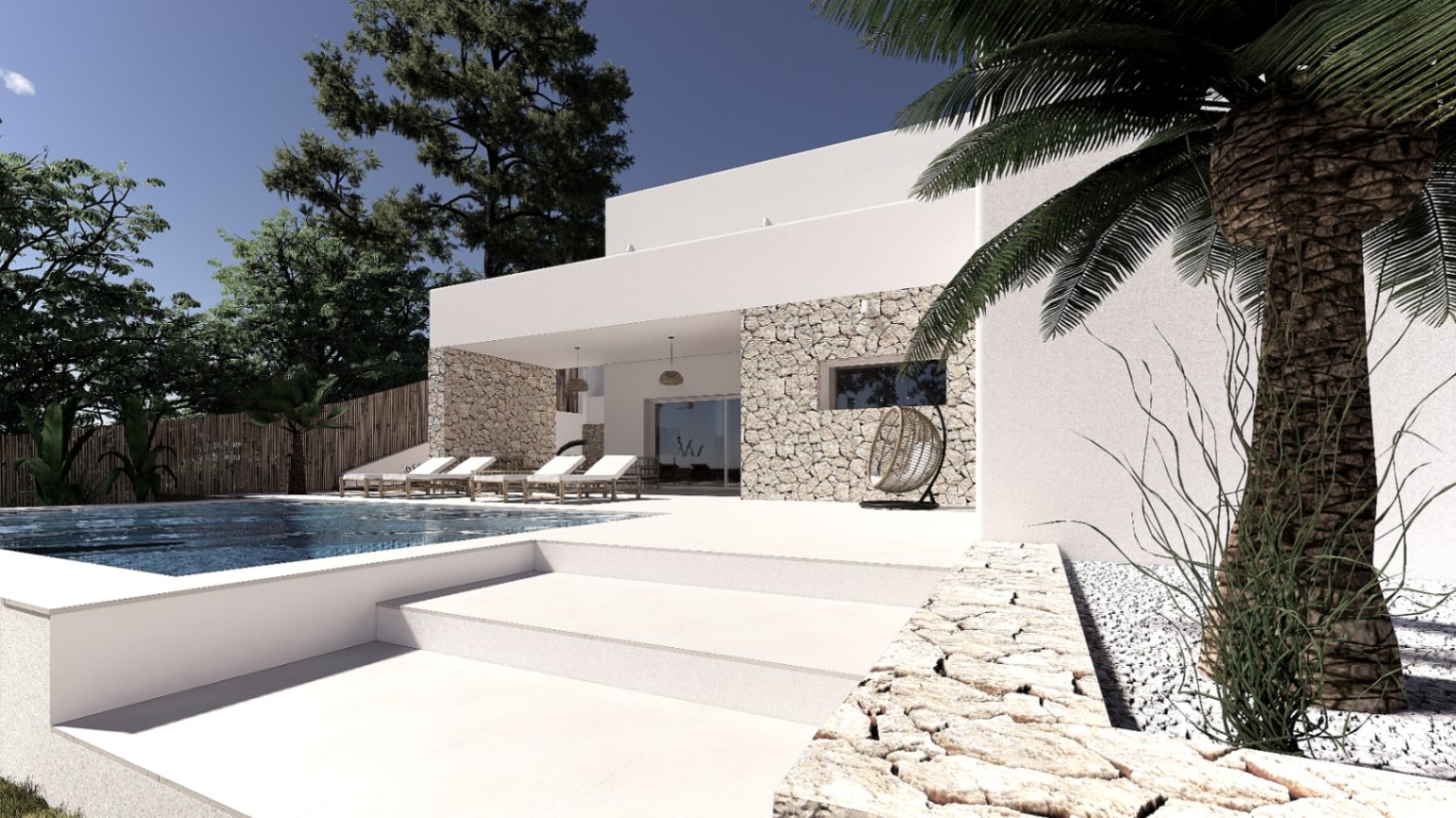Exterior view featuring a pool, white architecture with stone masonry accents, and a terrace with sun loungers and a hanging egg chair.