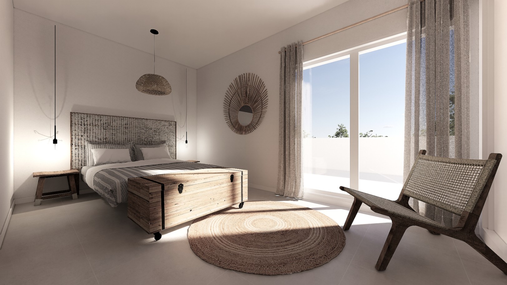 Mediterranean-style bedroom featuring a textured headboard, wooden trunk, and floor-to-ceiling windows providing abundant natural light.