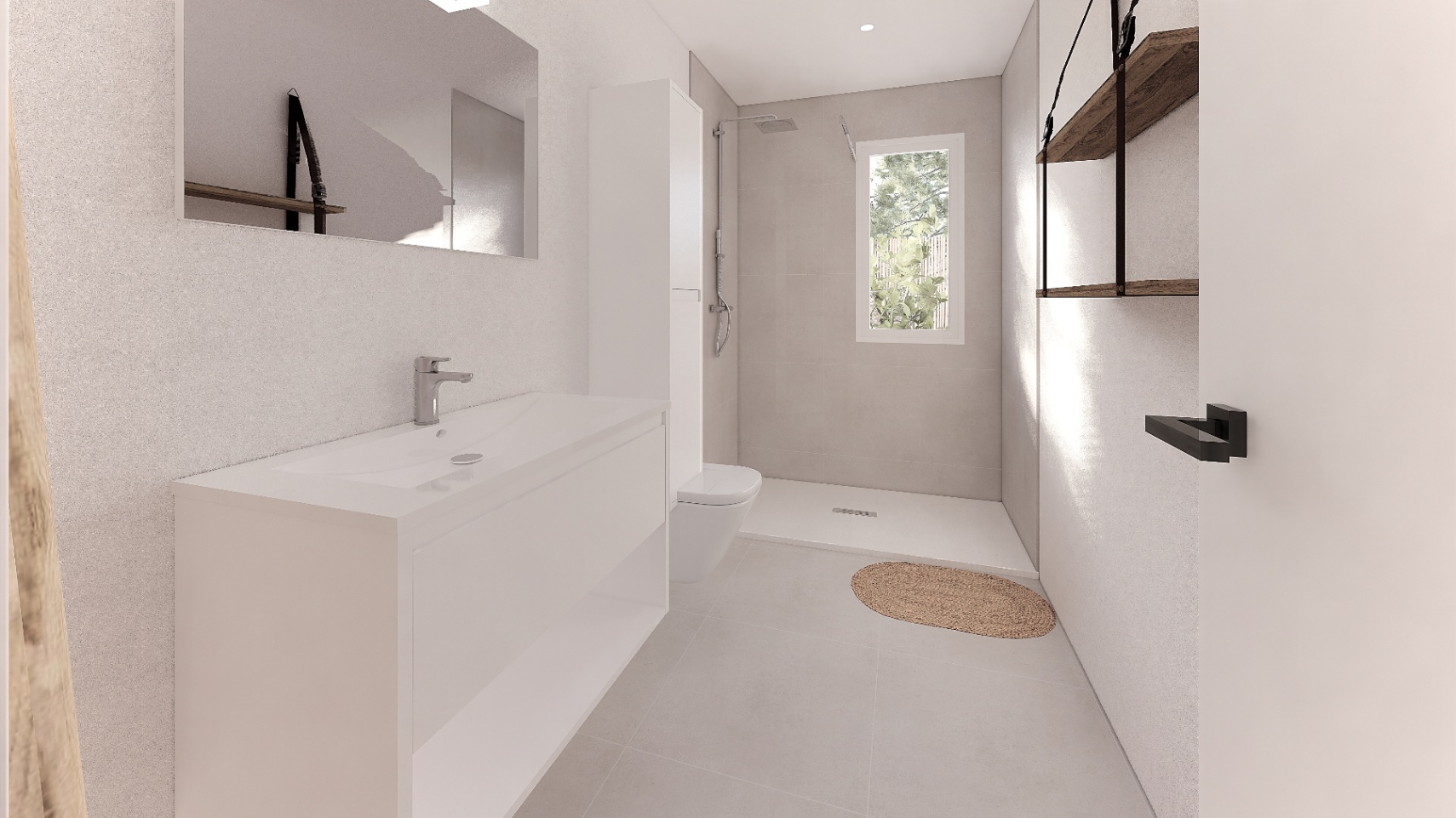 Modern bathroom featuring a white vanity, walk-in shower, and wall-mounted toilet. Natural light highlights the neutral tiling and wooden shelving.