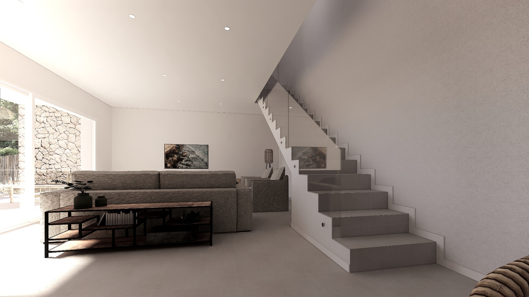 Modern living area featuring a grey sofa, industrial shelving, and a minimalist staircase with glass railings and recessed step lighting. Large windows face a stone exterior wall.