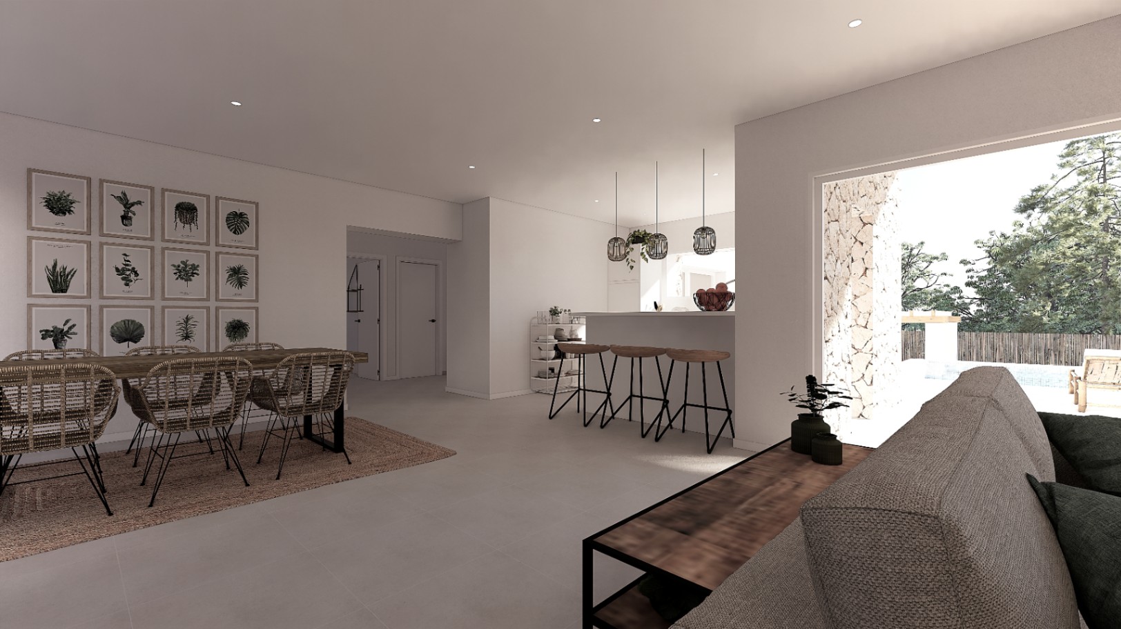Open-plan dining area featuring a wooden table with wicker chairs and an integrated breakfast bar, offering direct access to the terrace and natural light.