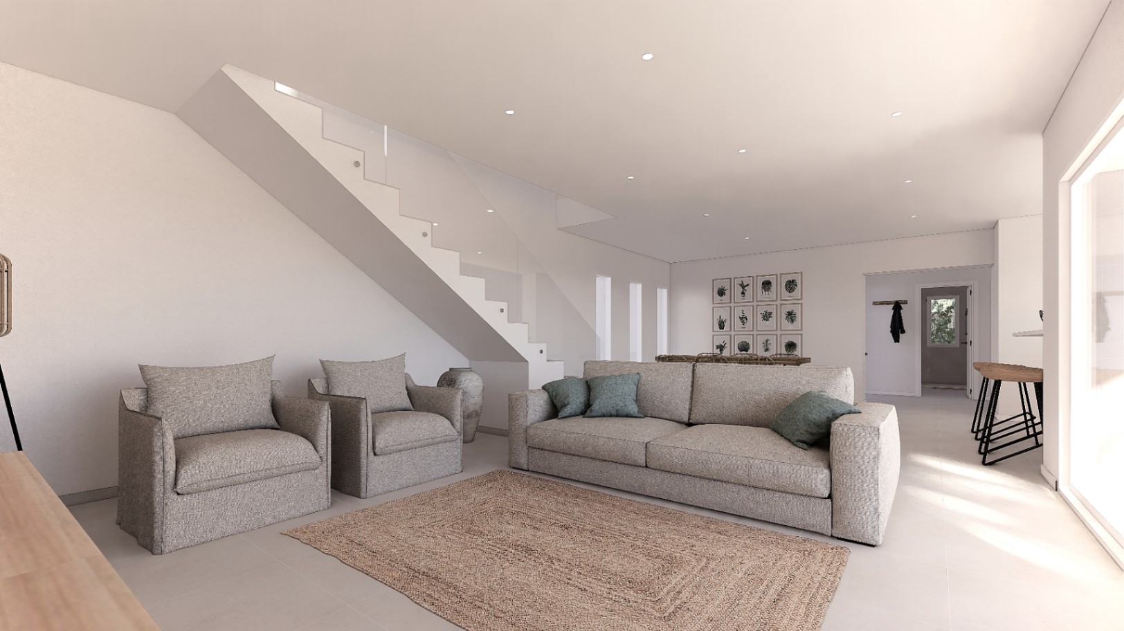 Open-plan living area featuring neutral fabric sofas, a natural fiber rug, and a minimalist white staircase with a glass balustrade and recessed lighting.