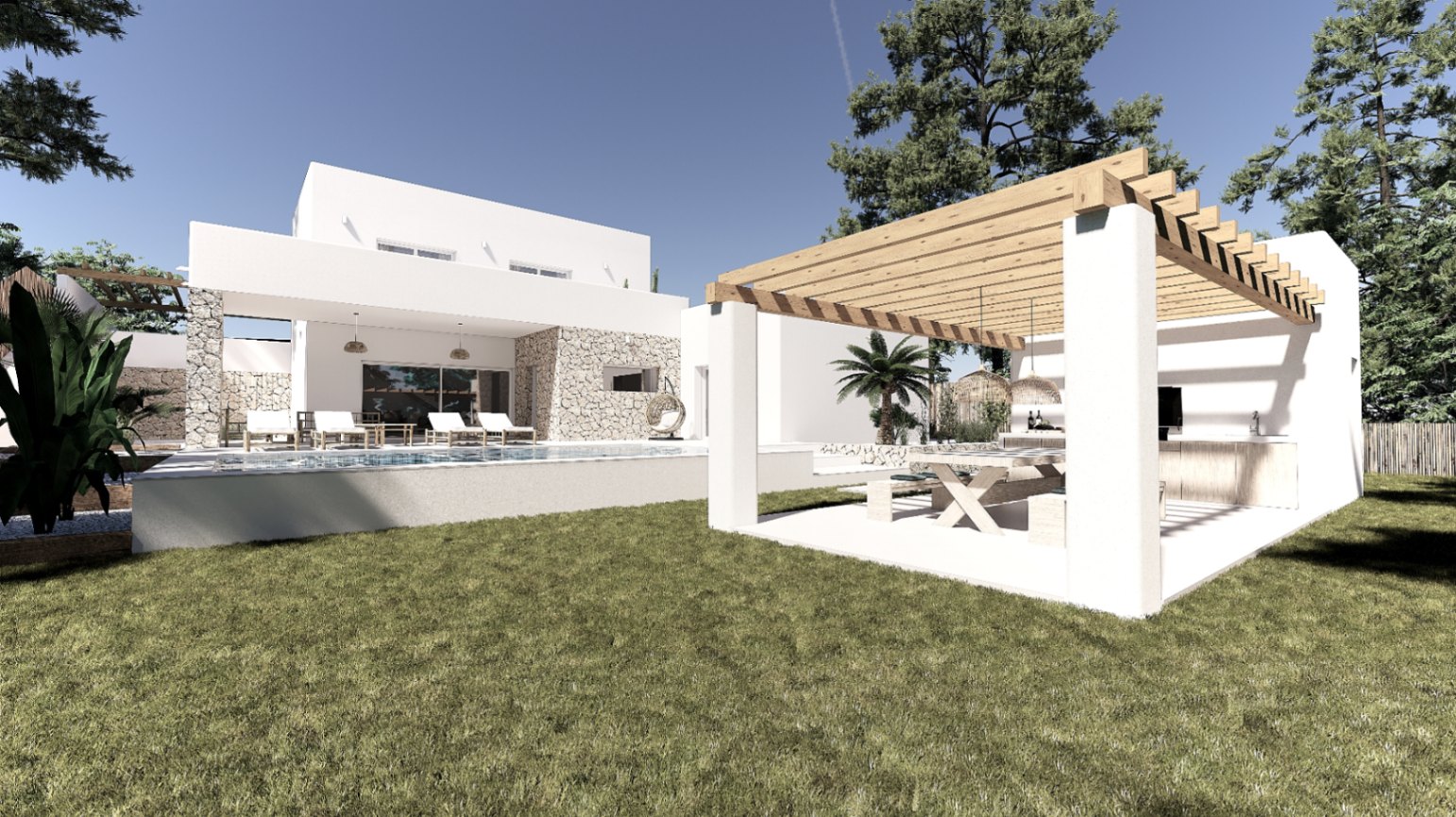 Villa exterior featuring a swimming pool, lawn, and a wooden pergola housing an outdoor kitchen and dining area, accented by natural stone walls.