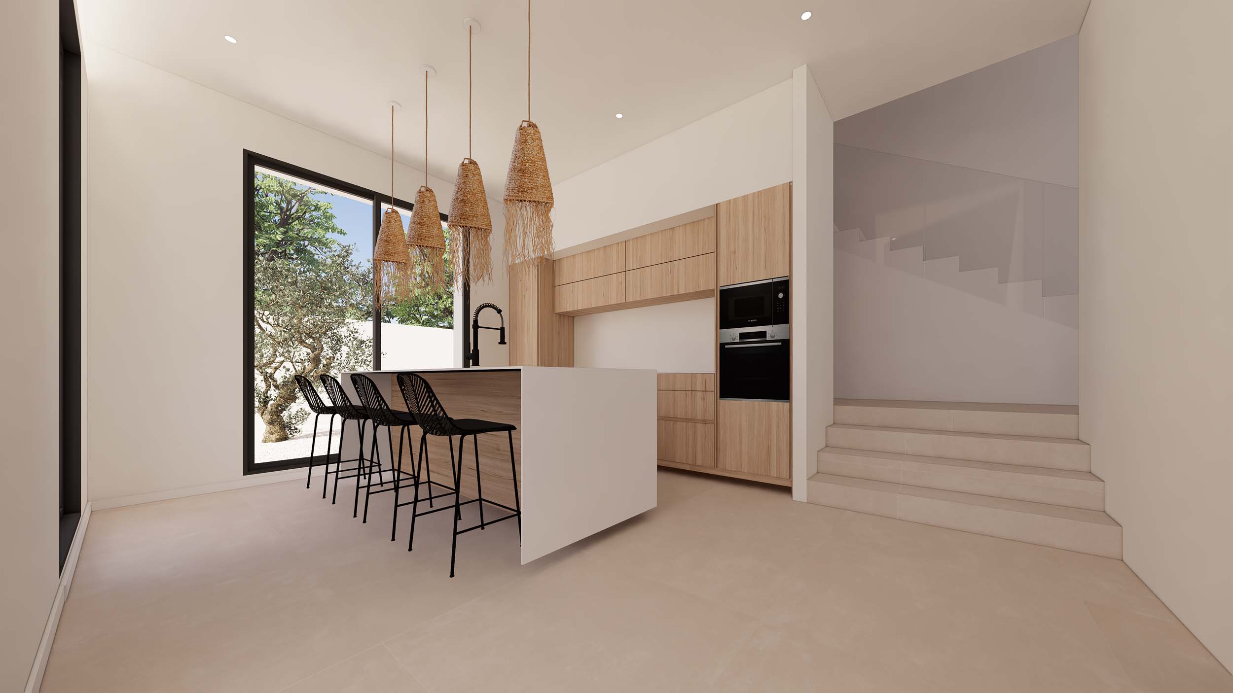 Designer kitchen featuring a white island with black stools and woven pendant lights. It includes light wood cabinetry, integrated appliances, and a staircase with a sleek glass railing.