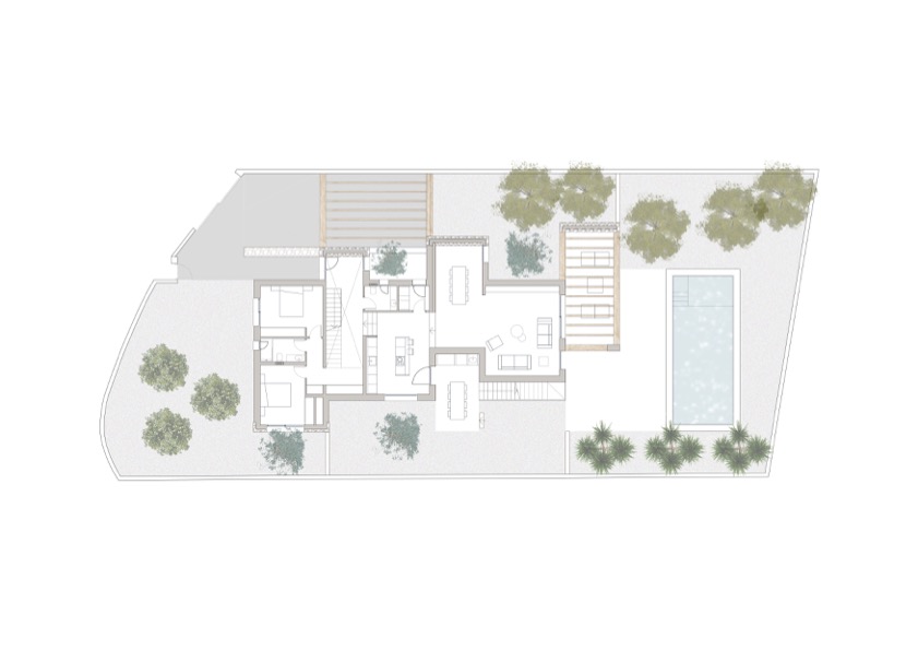 Detailed ground floor plan illustrating the layout of bedrooms, open-plan living area, outdoor swimming pool, and landscaped garden spaces.