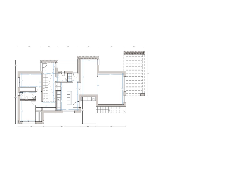 Detailed technical floor plan of the ground level, illustrating the layout of bedrooms, bathrooms, and the open-plan kitchen with a central island.