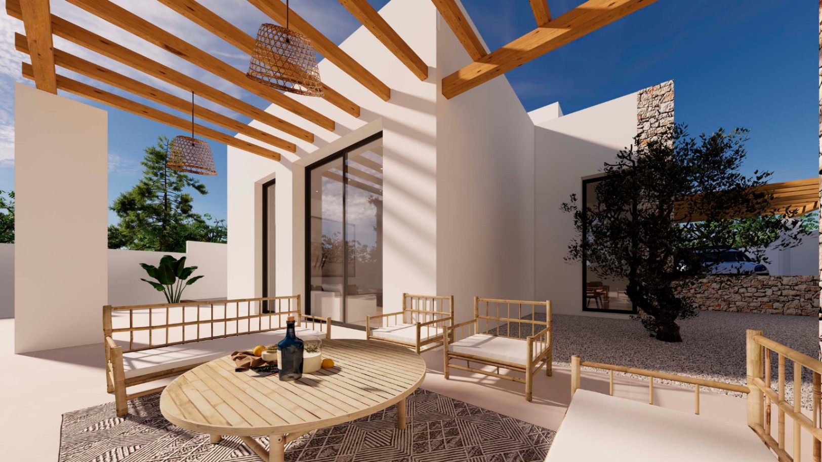 Ibicencan terrace featuring a wooden beam pergola, bamboo lounge furniture, and wicker pendant lights. The outdoor area includes an olive tree and natural stone walls.