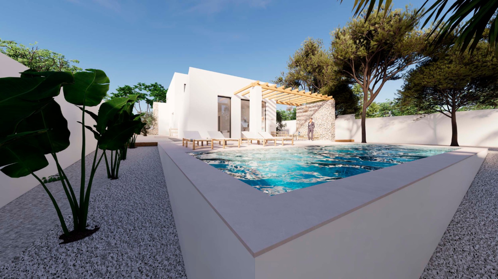 Ibizan-style exterior featuring an elevated pool, wooden pergola with stone accents, and a sun terrace surrounded by Mediterranean landscaping and white gravel.