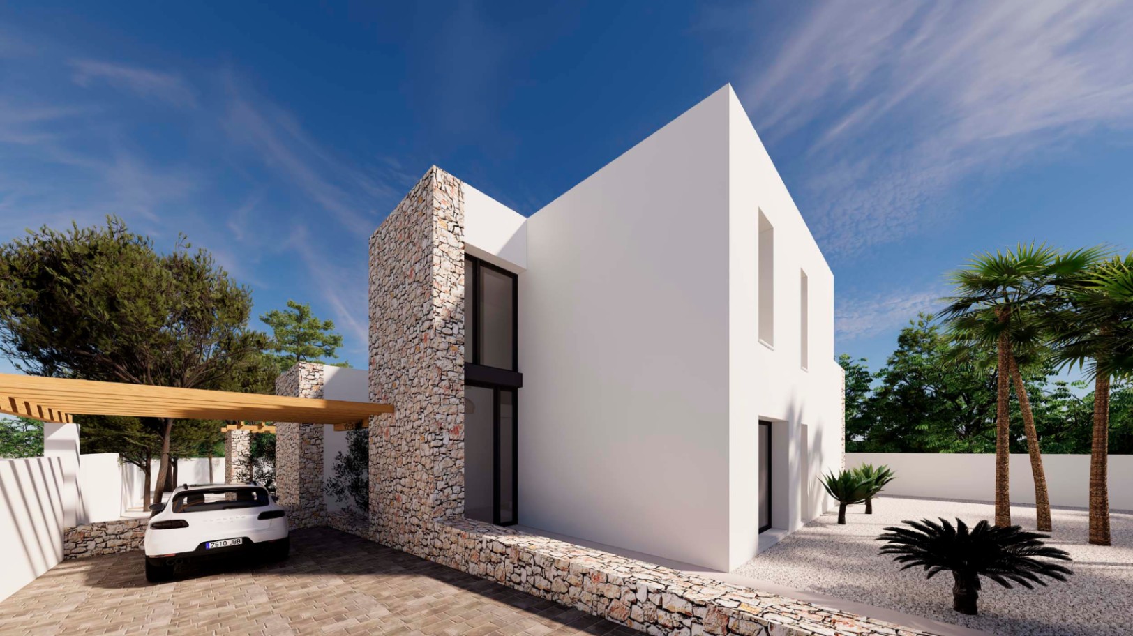 Ibizan-style facade featuring natural stone walls, a wooden parking pergola, and a Mediterranean gravel garden with palm trees.
