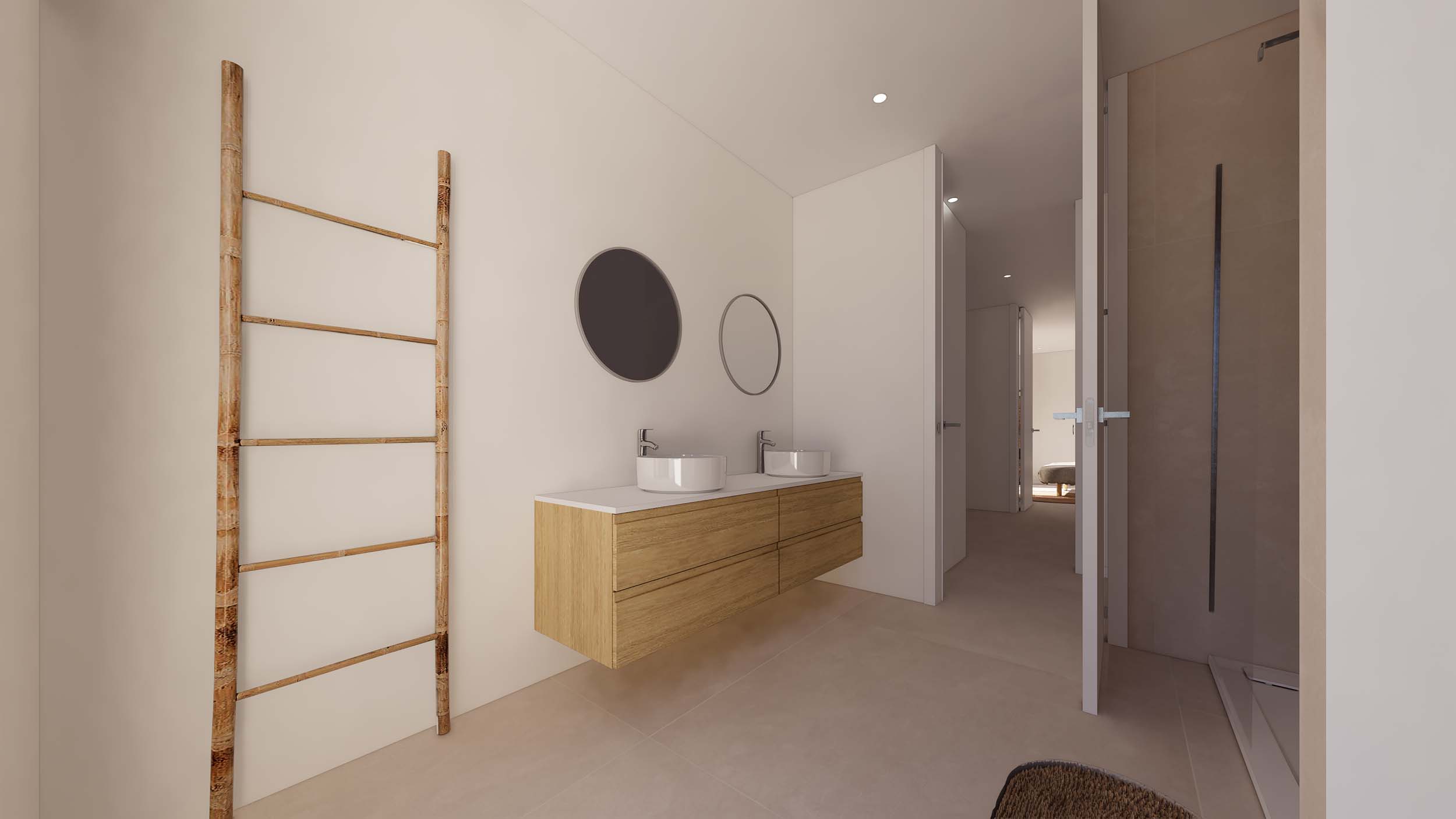 Minimalist bathroom featuring a floating wooden vanity with double vessel sinks and circular mirrors. The space includes a walk-in shower and a decorative wooden ladder.