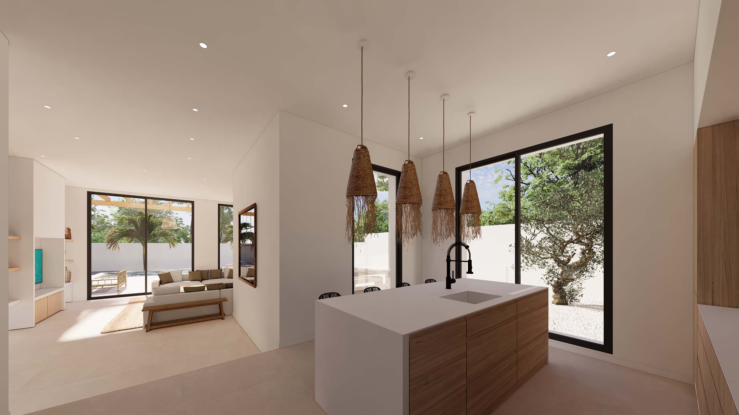 Modern kitchen featuring a wood-paneled island with white countertops and straw pendant lights. Large windows provide direct views of the garden and pool area.