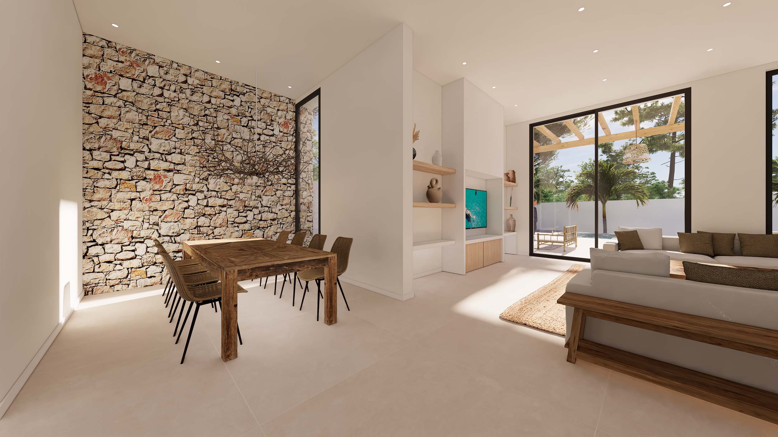 Open-plan living and dining area featuring a natural stone accent wall, solid wood furniture, and large glass doors opening to the terrace and pergola.