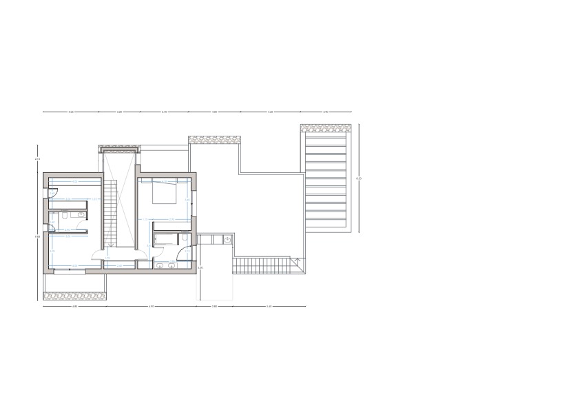 Technical floor plan showing the layout of two bedrooms with en-suite bathrooms, internal stairs, and a large outdoor terrace with precise measurements.