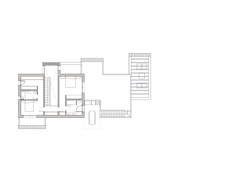 Technical floor plan showing two bedrooms with en-suite bathrooms, an outdoor dining space, and extensive terrace areas with a lounge pergola.