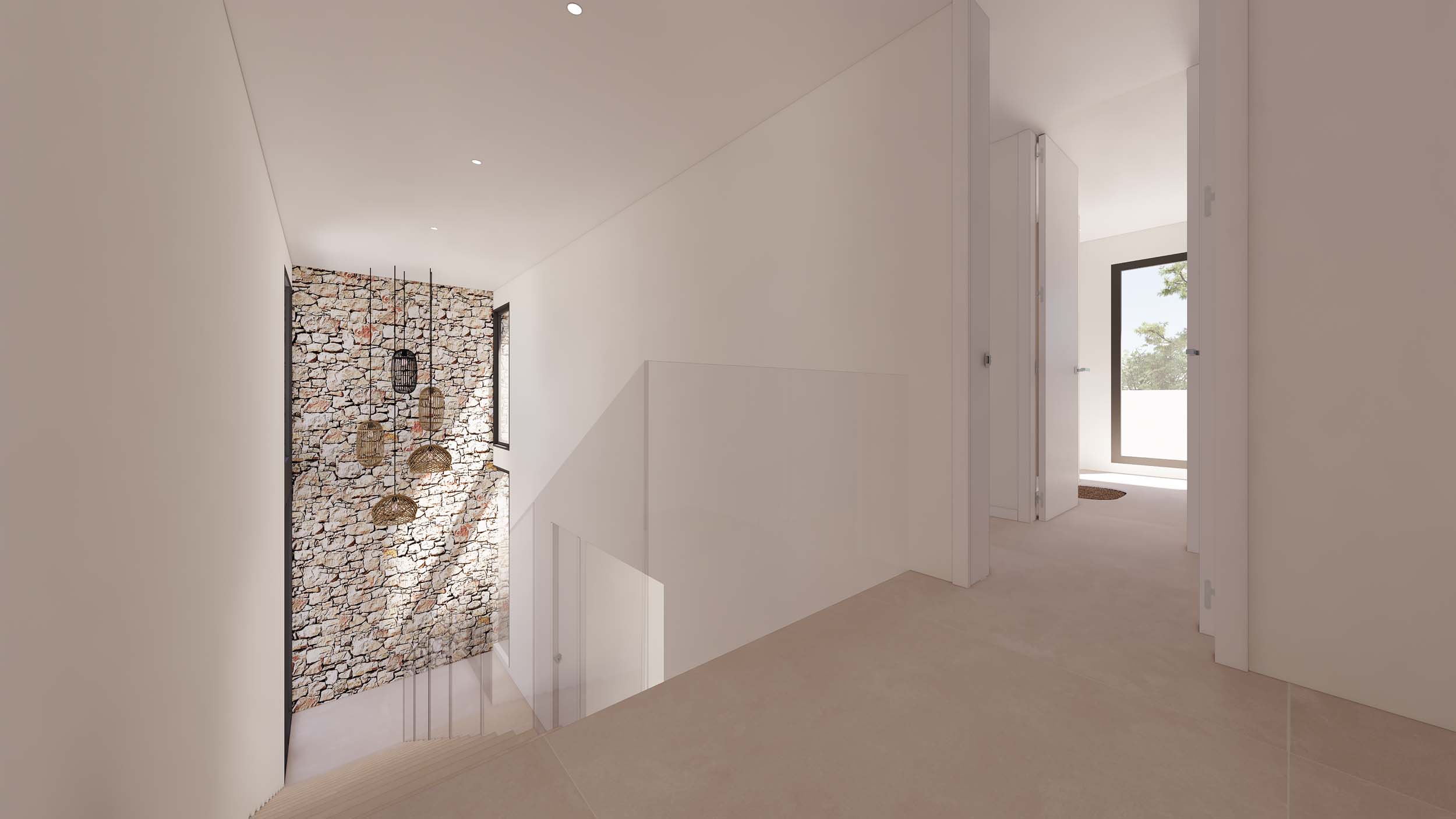 Upper floor landing featuring a glass-railed staircase, dry stone wall, and natural fiber pendant lights. The space offers a minimalist aesthetic with recessed lighting.