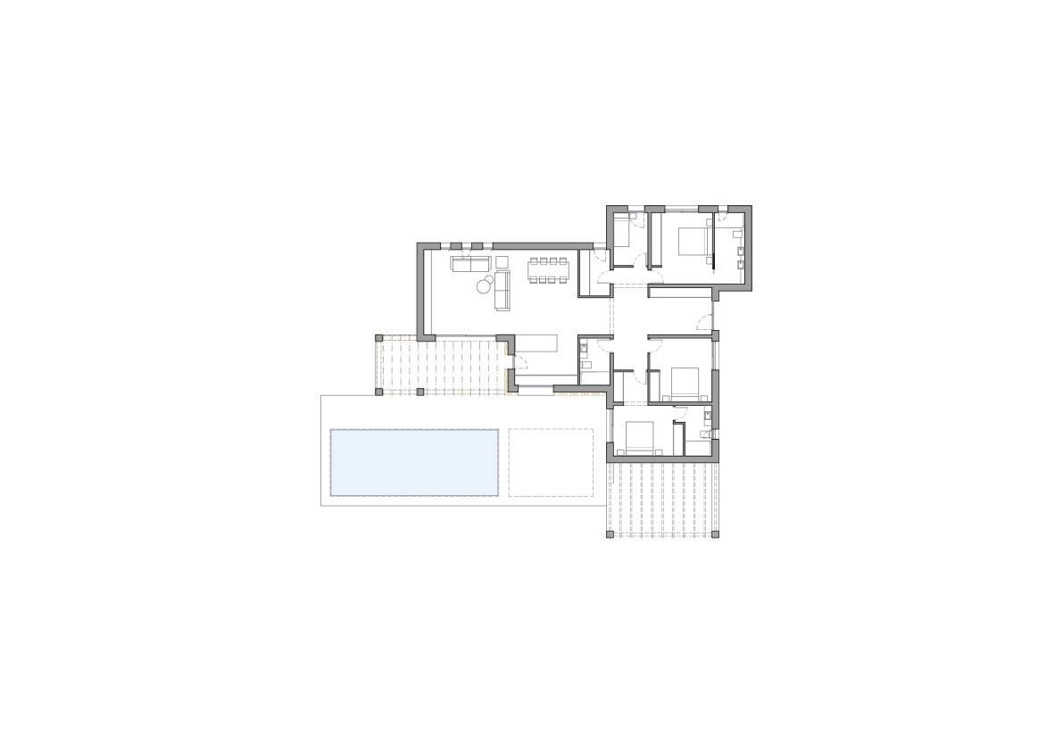 Architectural floor plan showing the single-level layout with four en-suite bedrooms, open-plan living space, and an outdoor area featuring a swimming pool and pergolas.