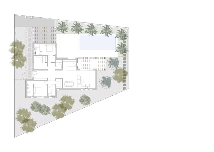 Architectural site plan illustrating the four-bedroom layout, open-plan living area, rectangular pool, and landscaped gardens on the private plot.