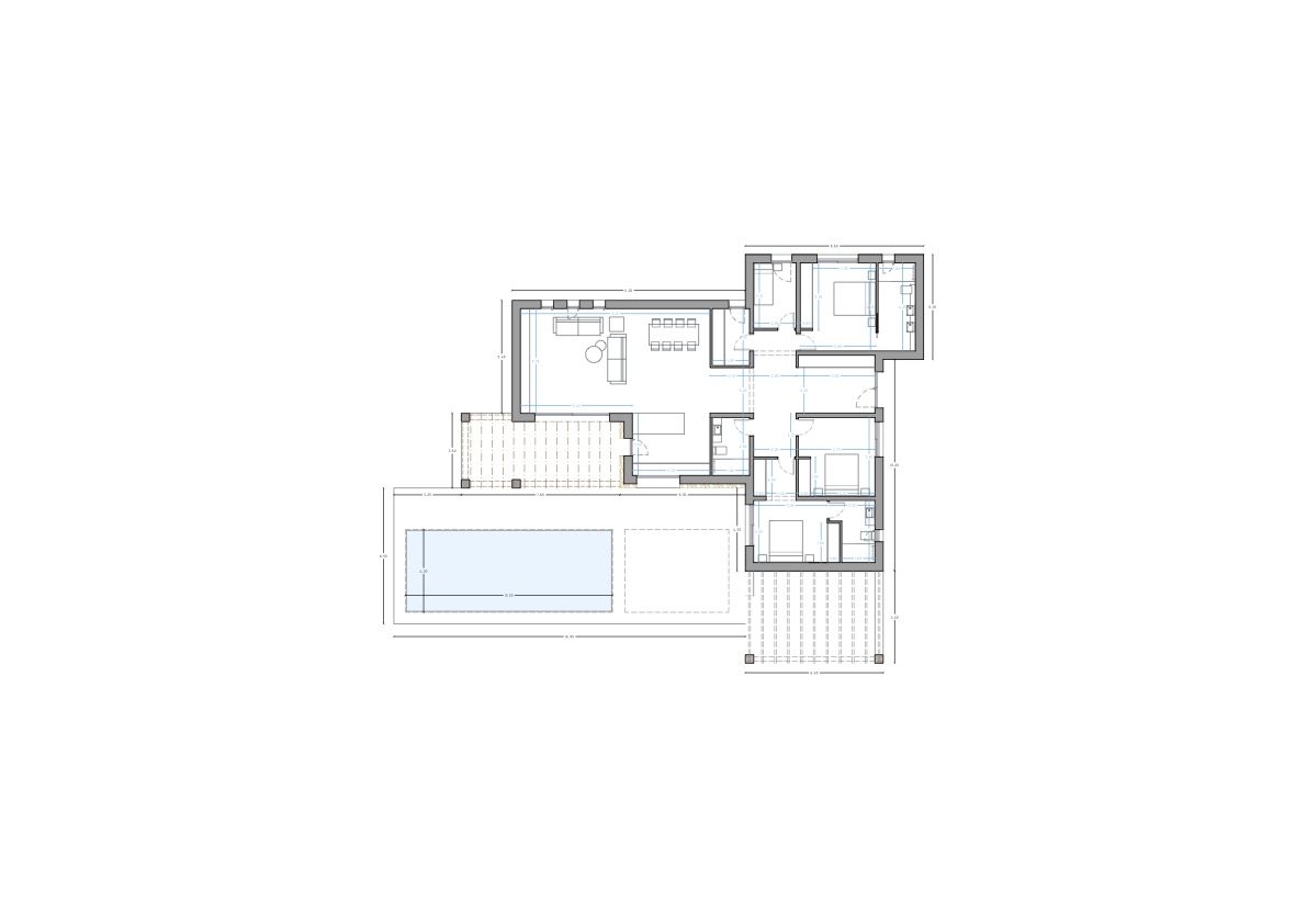 Detailed architectural floor plan illustrating the single-story layout with four en-suite bedrooms, open-plan living area, and outdoor terrace with a private pool.