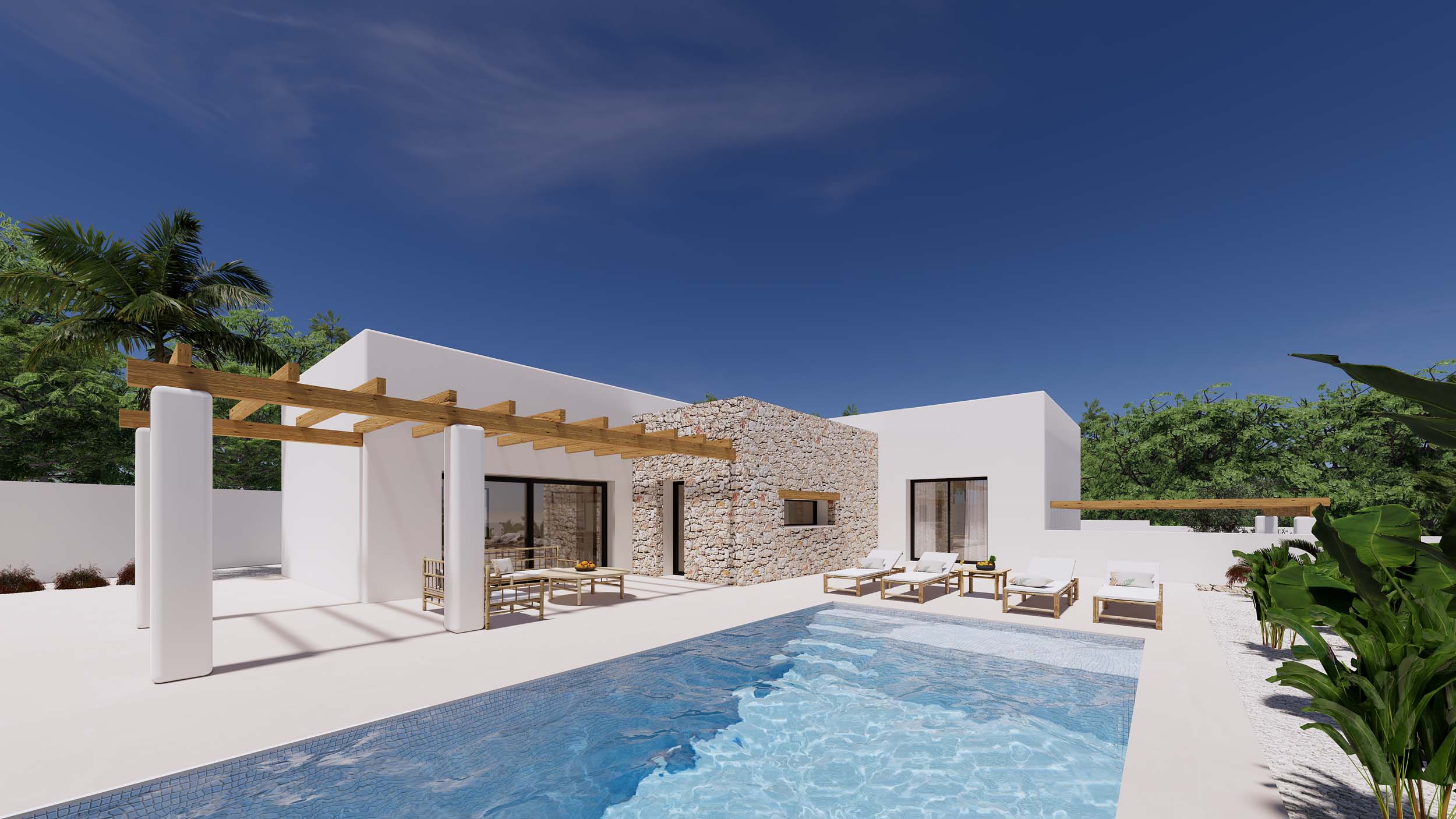 Exterior view featuring a blue mosaic pool, paved terrace, and wooden pergola. The facade blends smooth white surfaces with a natural dry-stone wall.