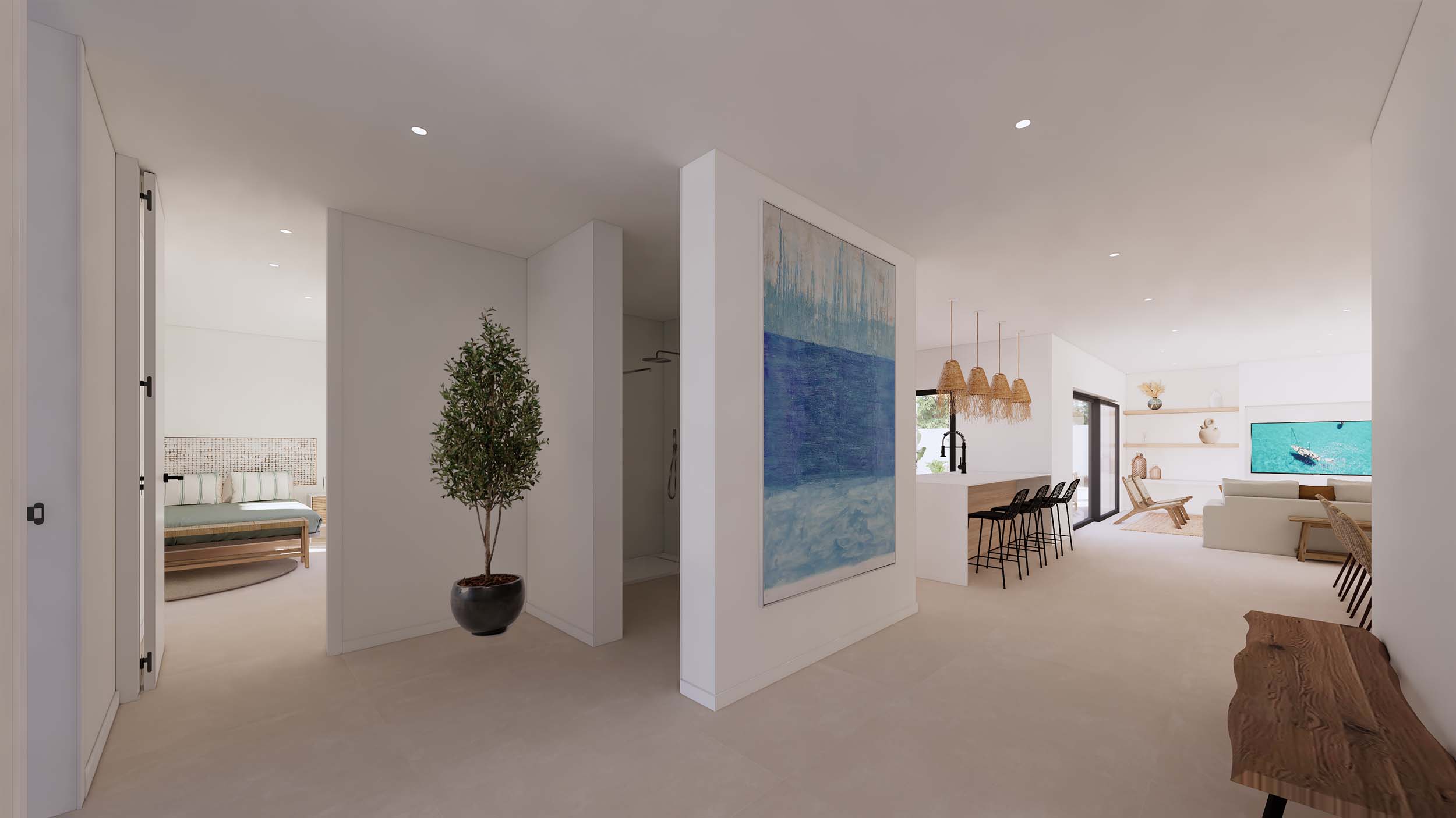 Interior hallway featuring a large abstract painting, connecting the open-plan living area, kitchen island, and a bedroom with natural wood finishes.