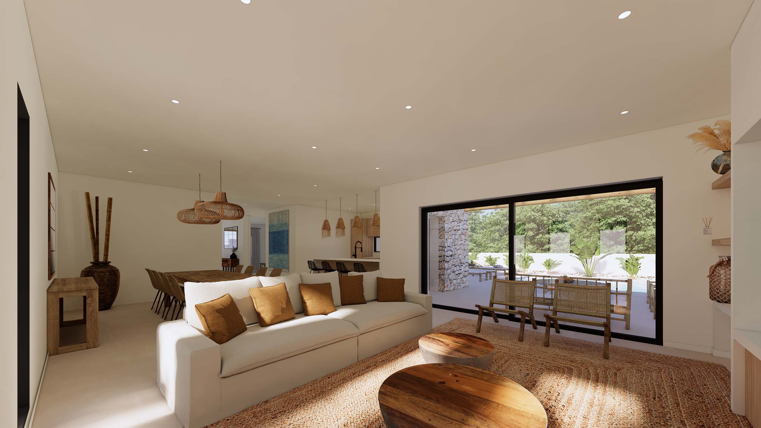 Open-plan living and dining area featuring large sliding glass doors to the pool terrace, natural wood furniture, jute textures, and an integrated kitchen.