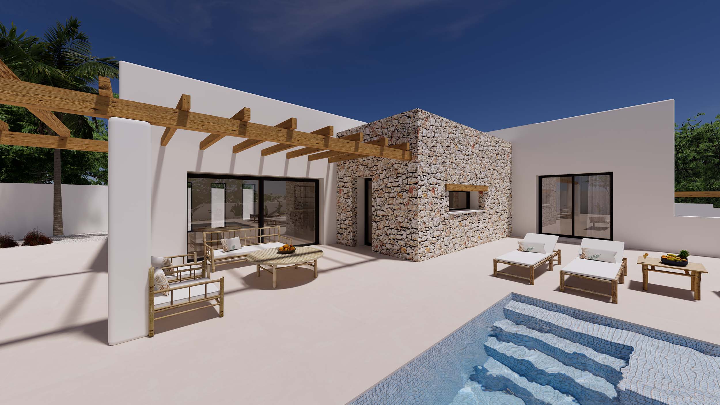 Outdoor terrace featuring a wooden pergola, lounge area, and swimming pool. White facades contrast with natural stone walls and light wood furniture.