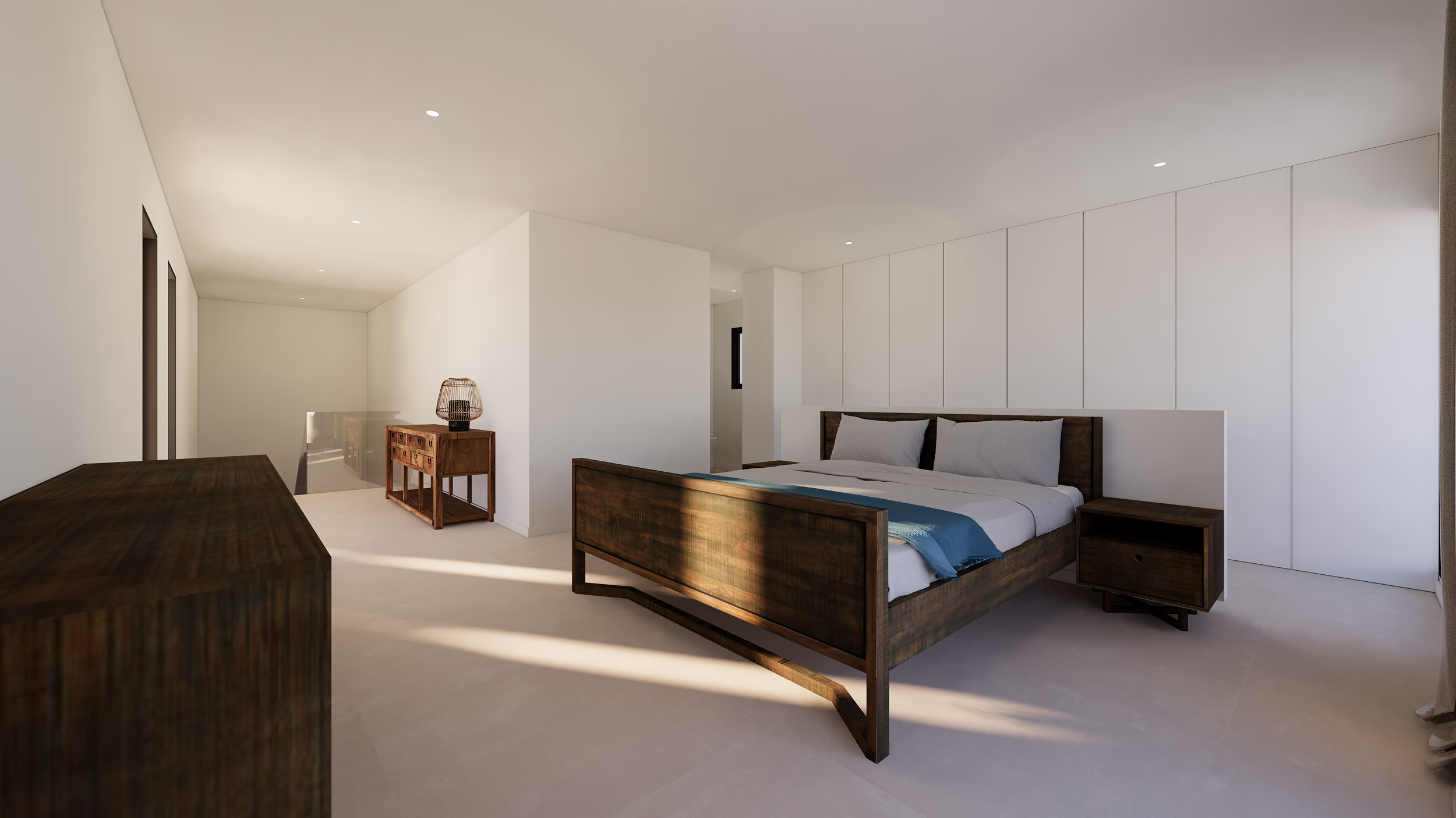 Bedroom featuring a dark wood bed frame, minimalist built-in wardrobes, and a view towards the glass-railed staircase with recessed lighting.