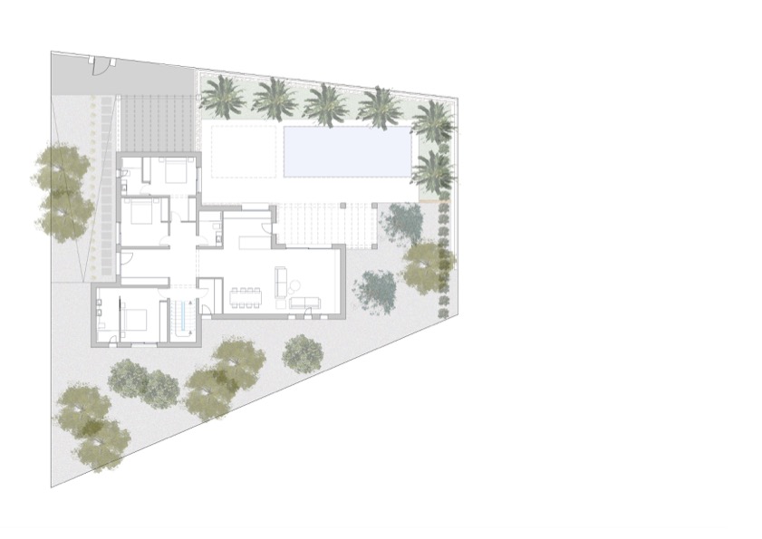 Detailed ground floor and site plan illustrating the three en-suite bedrooms, open-plan living area, rectangular swimming pool, and landscaped garden layout.