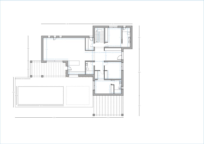 Detailed technical floor plan of the ground level, illustrating the open-plan living area, three en-suite bedrooms, and the expansive outdoor terrace with swimming pool.