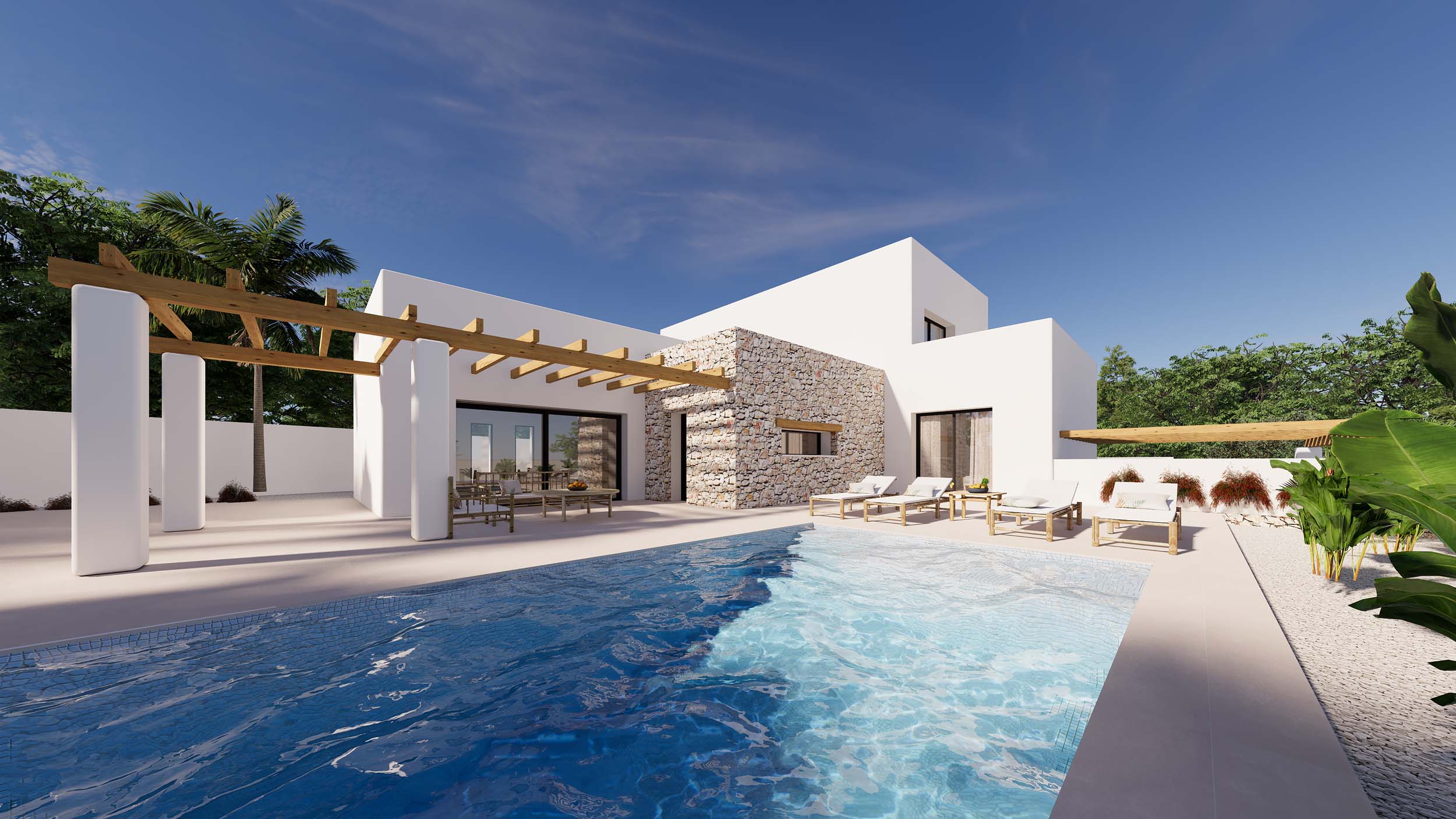 Exterior view of the villa featuring a private swimming pool, sun loungers, and a wooden pergola against a white facade with natural stone accents.