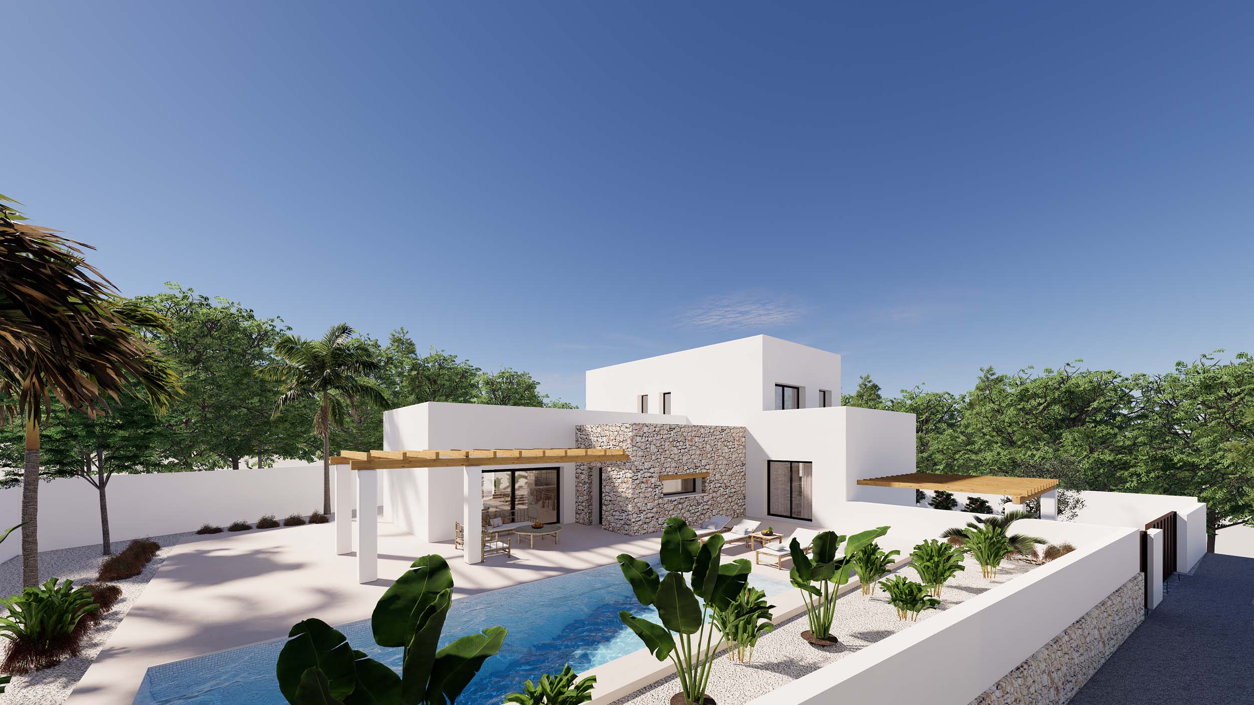 Exterior view of the villa featuring white walls, natural stone accents, a rectangular pool, wooden pergolas, and a landscaped garden with tropical plants.